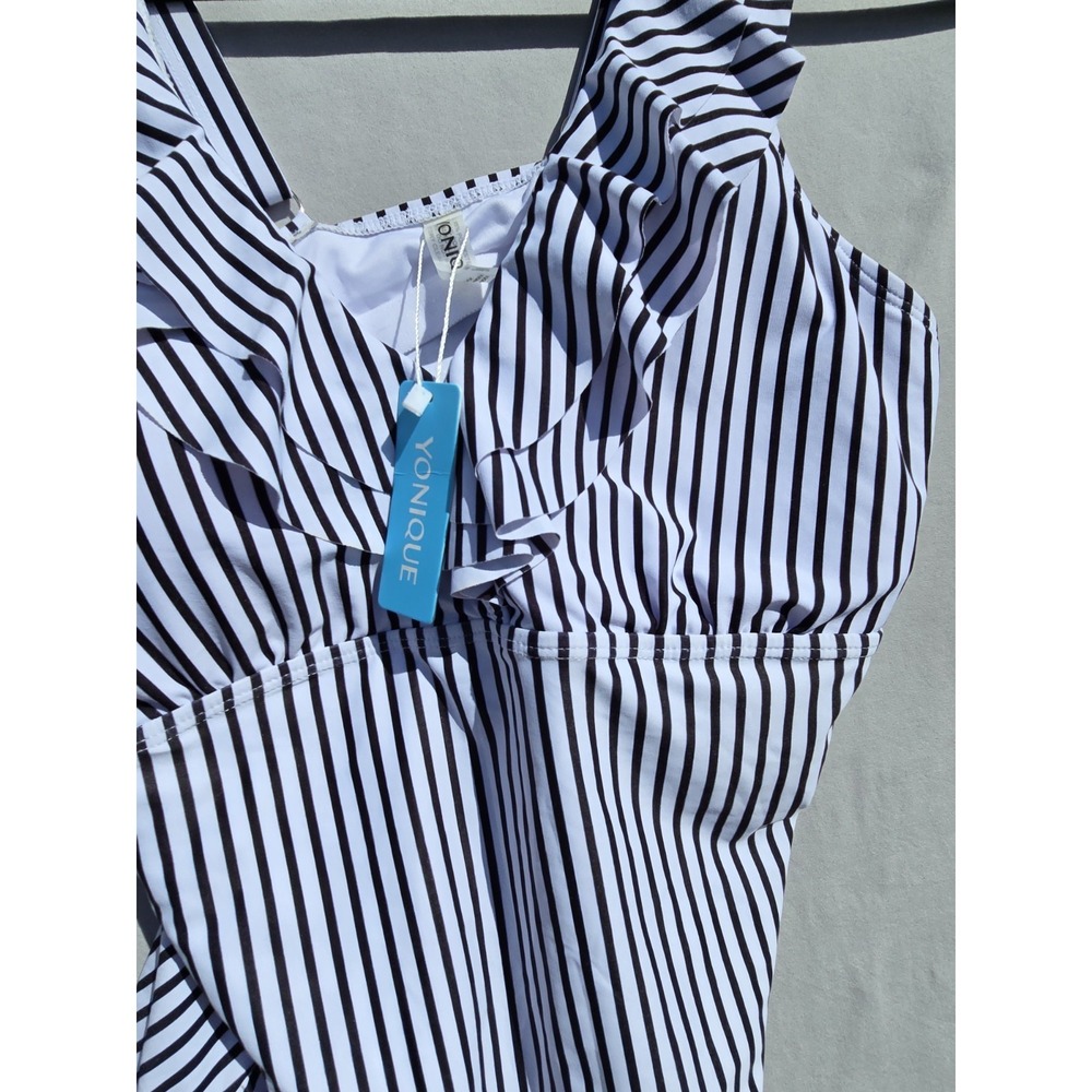 Yonique Black & White Halter Tankini Swim Top ONLY!  Size XL Ruffle Chest NEW - Picture 8 of 10
